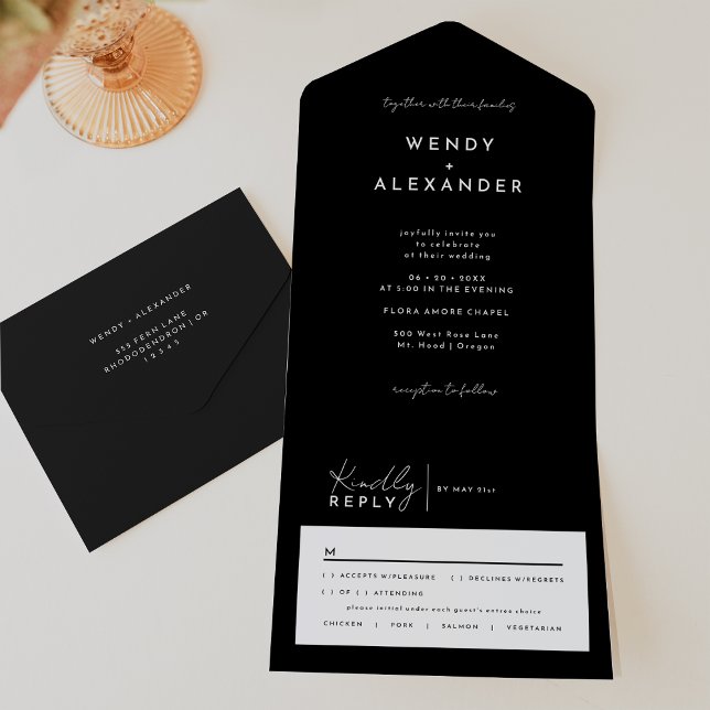 Black Modern Script Wedding All In One Invitation (Creator Uploaded)