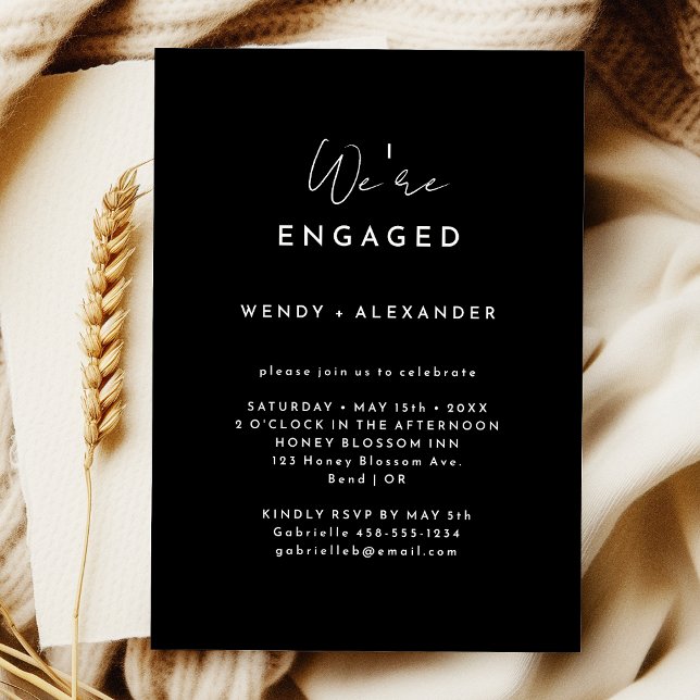 Black Modern Script We're Engaged Engagement Party Invitation (Creator Uploaded)