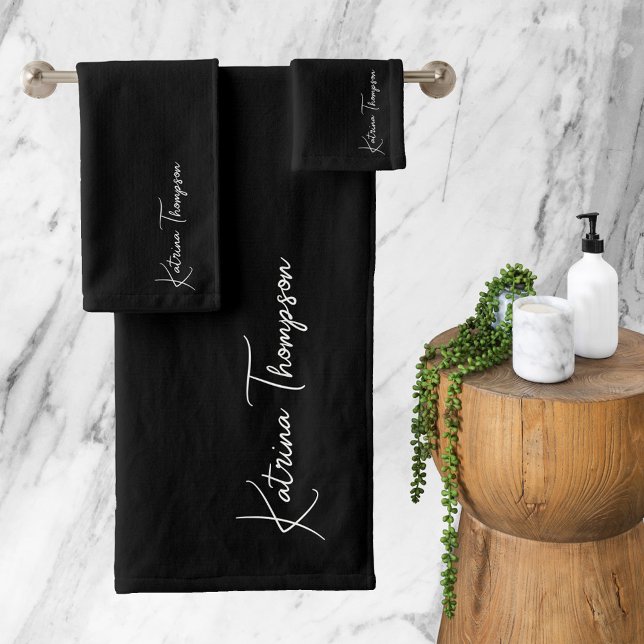 Black Modern Signature Script Monogram  Bath Towel Set (Creator Uploaded)