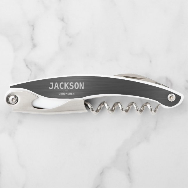 Black Modern Simple Name Personalized Groomsmen Corkscrew (Front)