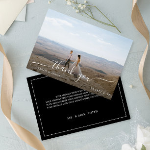 Black Modern Simple Photo Script Wedding Thank You Card