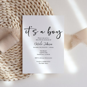 Black Modern Simple Script Boy Baby Shower Invitation