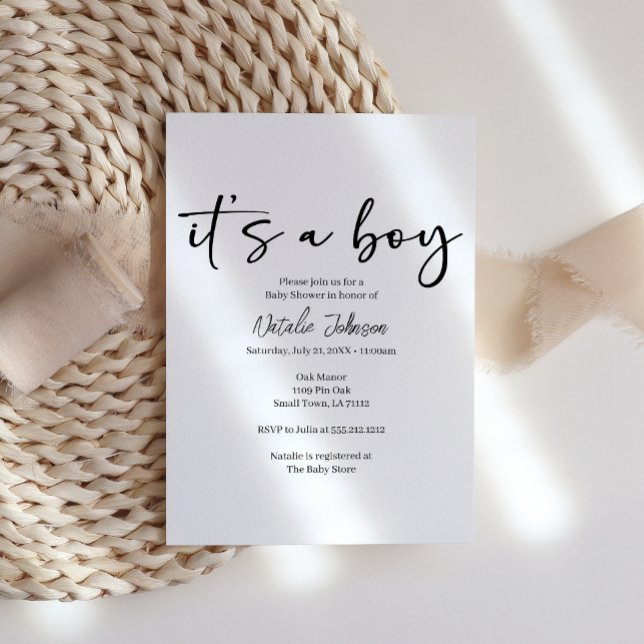 Black Modern Simple Script Boy Baby Shower Invitation (Creator Uploaded)