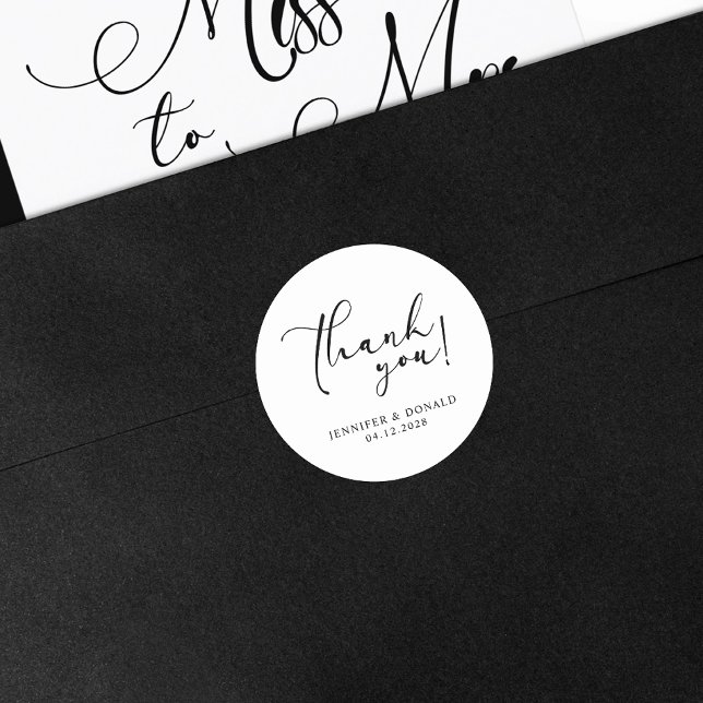 Black Modern Simple Thank You Wedding Classic Round Sticker (Creator Uploaded)