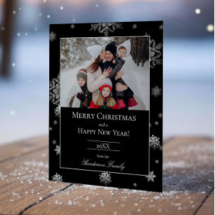 Black Modern Snowflakes Flat Holiday Photo Card