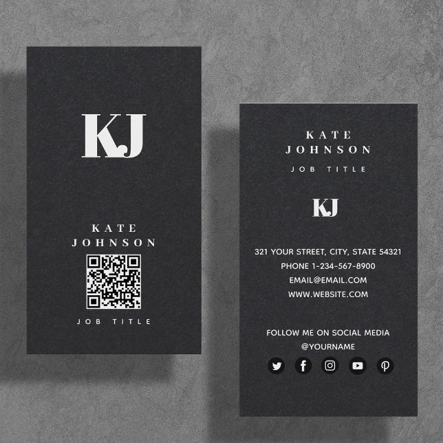 Black Modern Solid Monogram Initials QR Code   Business Card (Creator Uploaded)