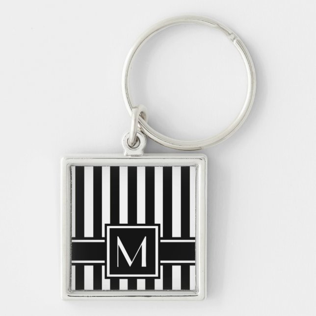 Black Modern Stripe with Monogram Keychain (Front)