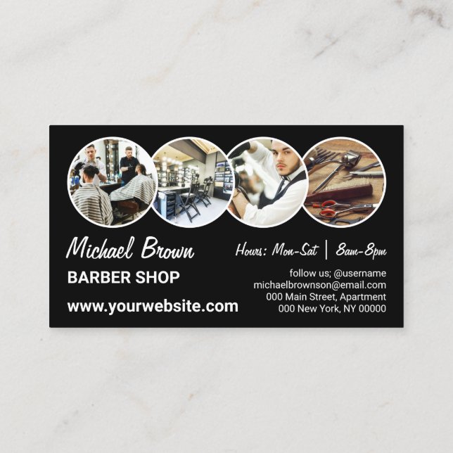 Black Modern Style Chair Custom Photos Barber Business Card (Back)