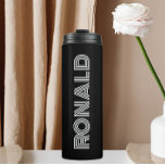 Black Modern Typography Personalized Name Thermal Tumbler<br><div class="desc">Keep hot beverages hot and cold beverages cold with this trendy,  insulated thermal tumbler that is black along with name printed in white,  modern typography. Edit your thermal tumbler and replace name with desired name. Perfect for a birthday gift,  wedding groomsman gift,  etc.</div>