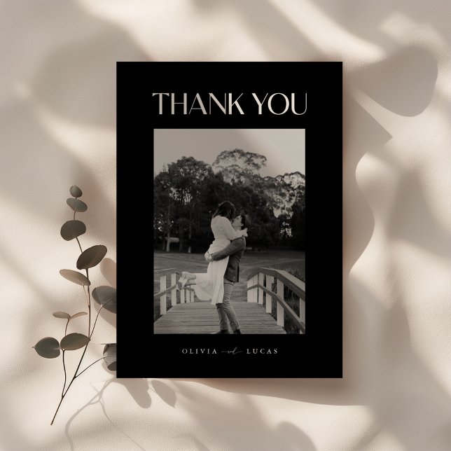 Black Modern Typography Wedding Photo Thank You Card (Creator Uploaded)