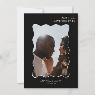 Black Modern Wavy Wedding Photo Save The Date  Invitation