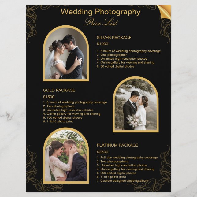 Black Modern Wedding Photography Price List Flyer (Front)
