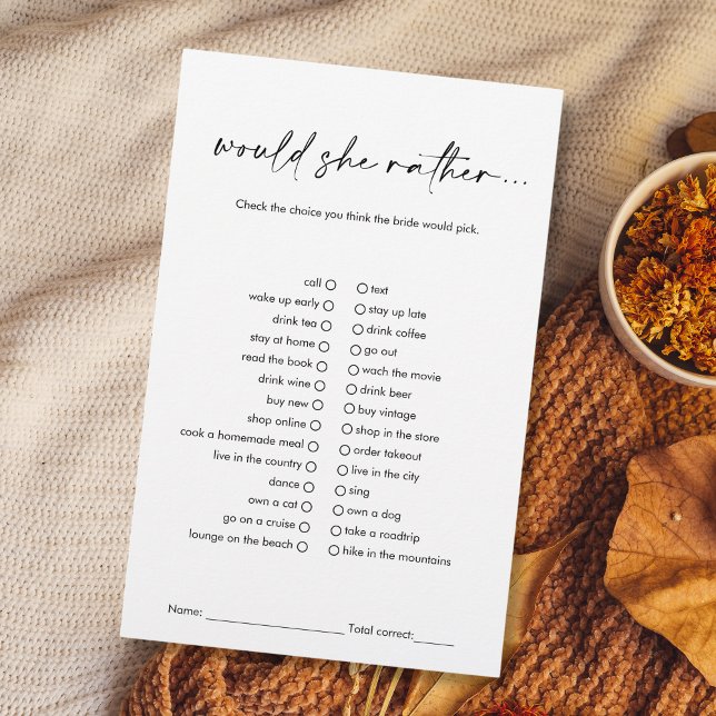 Black Modern Would She Rather Bridal Shower Game (modern minimalist black and white "would she rather..." bridal shower game)