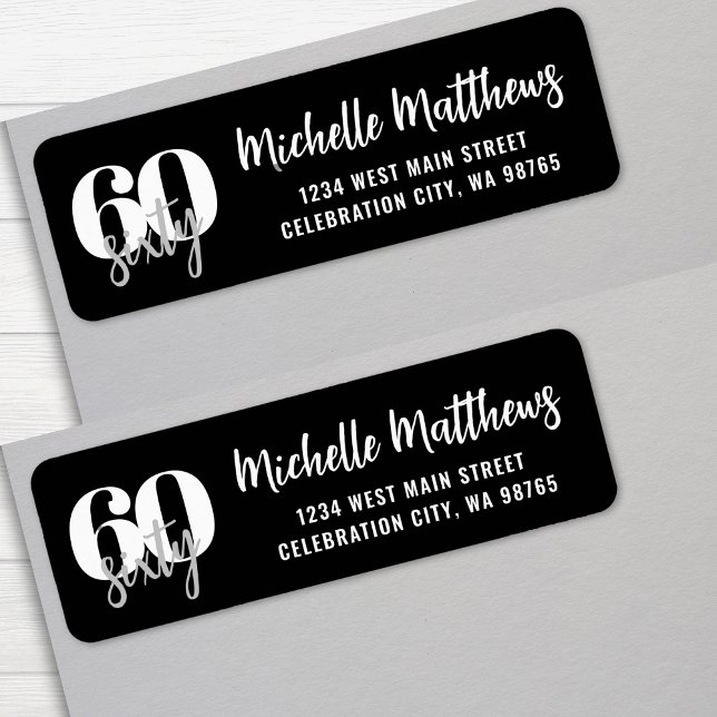 Black moderne 60th Birthday Party Adresse de retou (Modern Black 60th Birthday Party Return Address label)