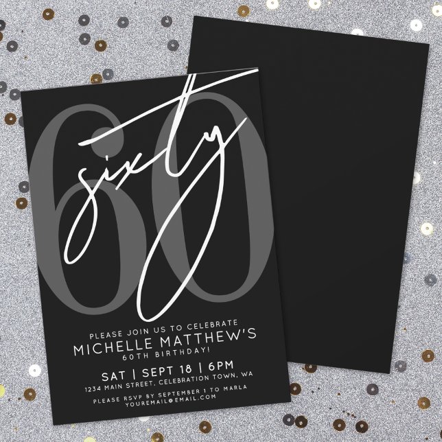 Black moderne Invitation de fête d'anniversaire 60 (Modern Black 60th Birthday Party Invitation)