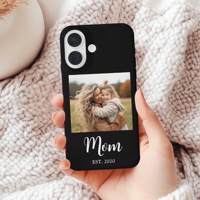 Black Mom Established Script Text and Photo Case-Mate iPhone Case (Mom established photo with elegant script - fully personalizable for a thoughtful gift 
)