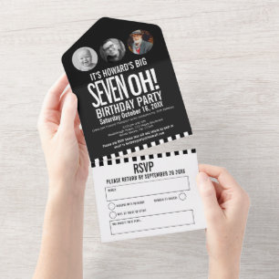 Black mono photo circles stripes 70th Birthday All In One Invitation