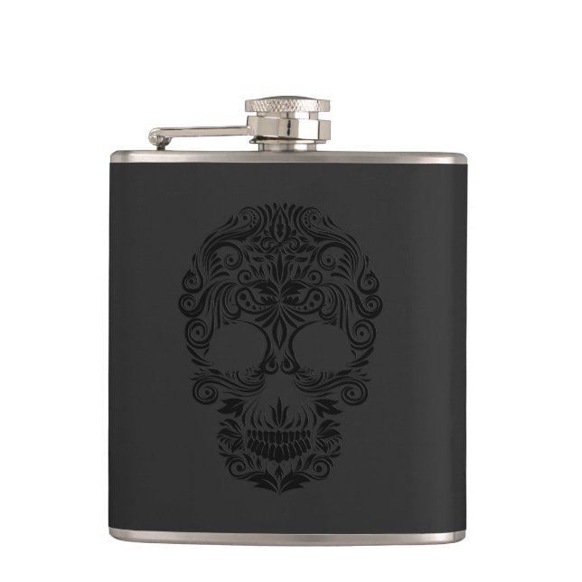 Black Monochromatic Floral Sugar Skull Hip Flask (Front)
