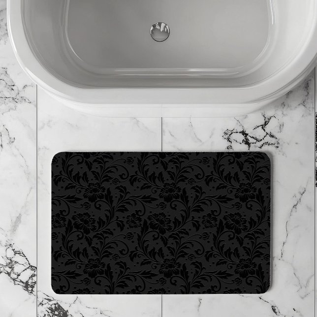 Black Monochromatic Vintage Damask Pattern Bath Mat (Creator Uploaded)