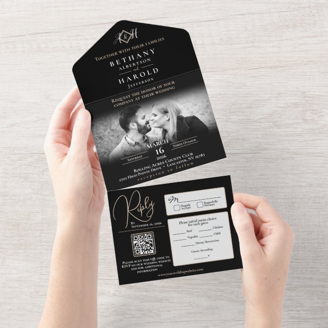 Black Monogram All in One Wedding Invite (Tearaway)