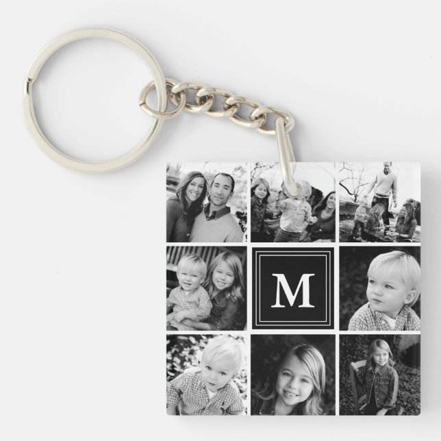Black Monogram Family Photo Collage Keychain (Front)