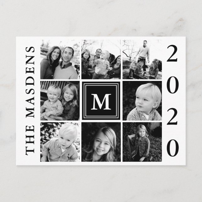 Black Monogram Family Photo Collage Postcard (Front)
