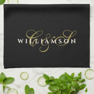 Black Monogram Gold Cream Minimalist Couple Chic Kitchen Towel