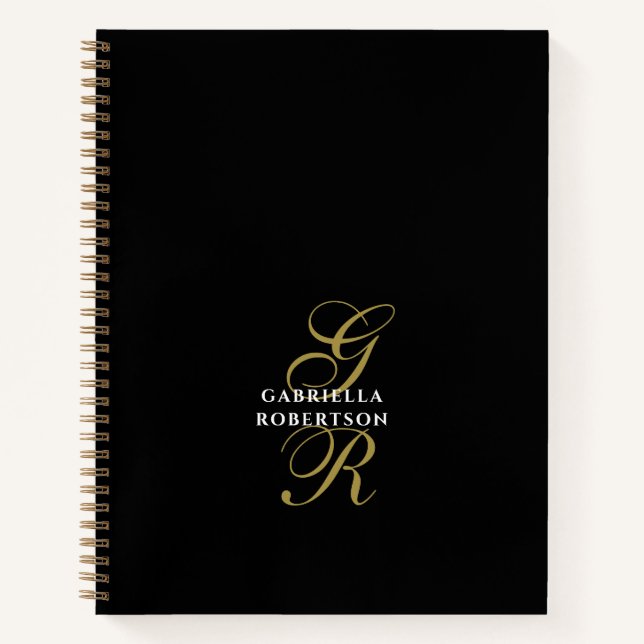 Black Monogram Gold Initials White Name Elegant  Notebook (Front)