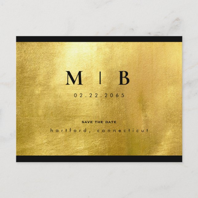 Black Monogram & Gold Sleek Save the Date  Announcement Postcard (Front)