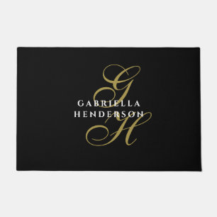 Black Monogram Gold White Name Minimalist Elegant  Doormat