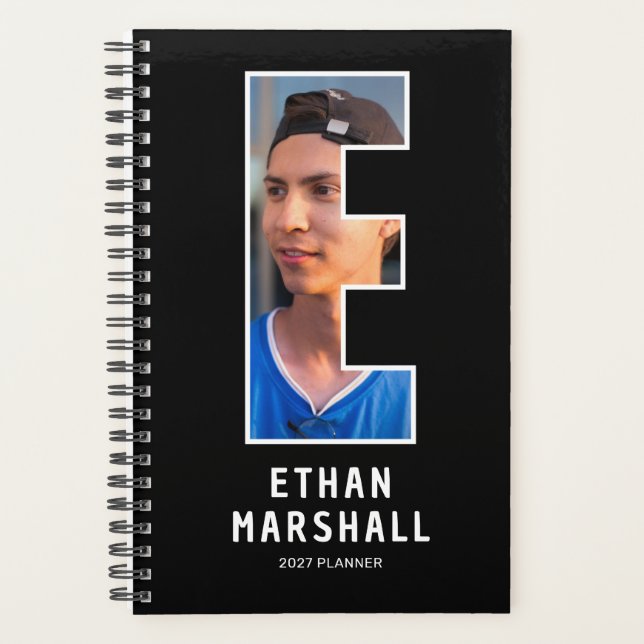 Black Monogram Initial 'E' Photo Planner (Front)