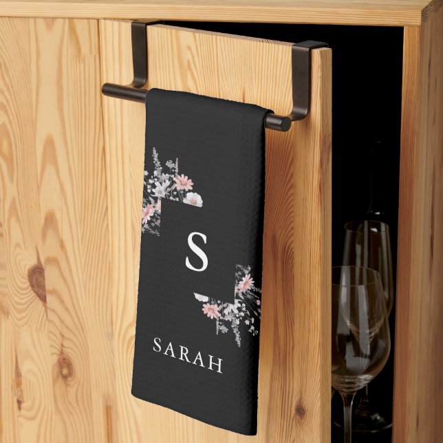 Black Monogram Initial Modern Mom Tea Dish Kitchen Towel (Thirds Fold)