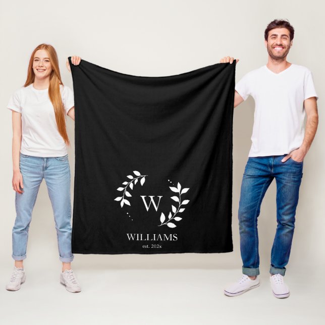 Black Monogram Initial Newlywed Elegant Modern  Fleece Blanket (In Situ)