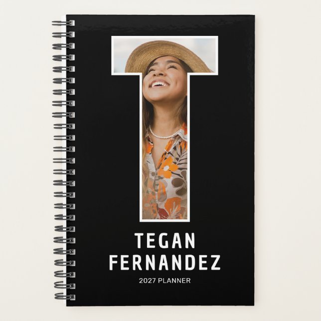 Black Monogram Initial 'T' Photo Planner (Front)