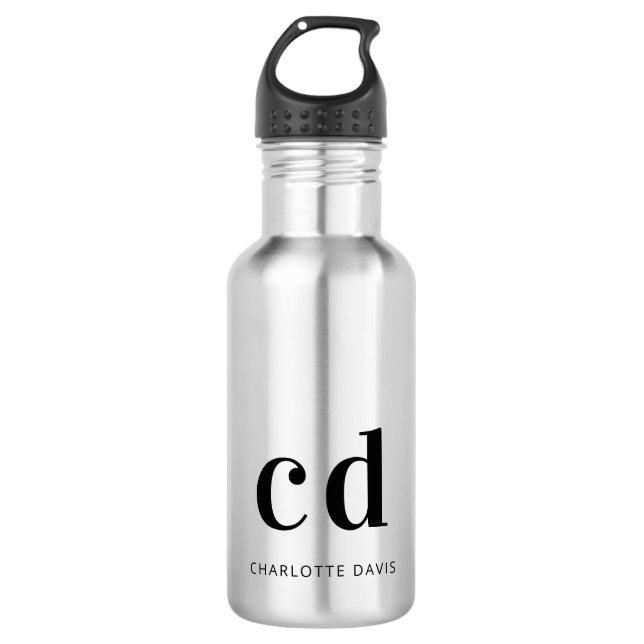 Black monogram initials name modern 532 ml water bottle (Front)