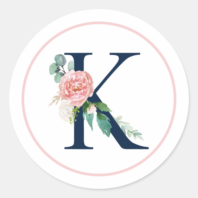 Black Monogram Letter K with Pink Flower Classic Round Sticker (Front)