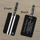 Black Monogram Luggage Tag with White Stripes<br><div class="desc">Getting ready to travel and looking for a black luggage tag? This tags for you. Featuring a black stripe down the centre with two white stripes beside it and black on the side this black luggage tag is a classic design with a modern touch. In addition, it can be customized...</div>