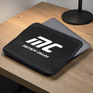  Black Monogram Minimalist Name White Text for Him Laptop Sleeve