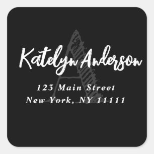 Black Monogram Modern Square Return Address Label