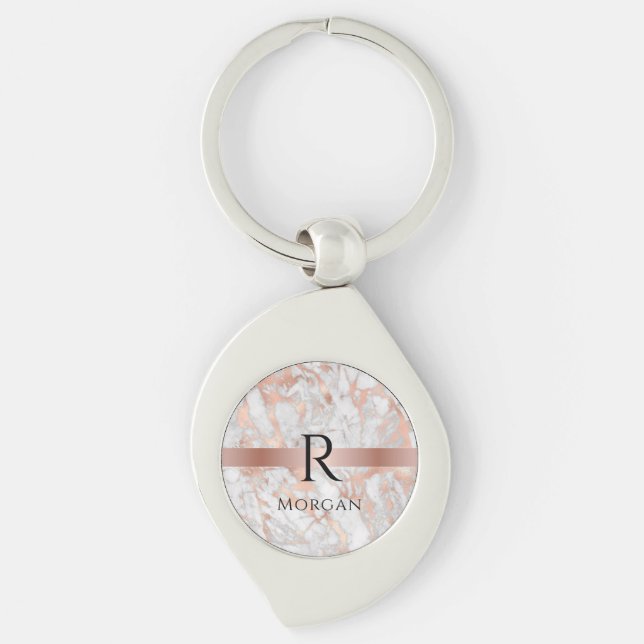 Black Monogram & Name, White & Rose Gold Marble Keychain (Front)