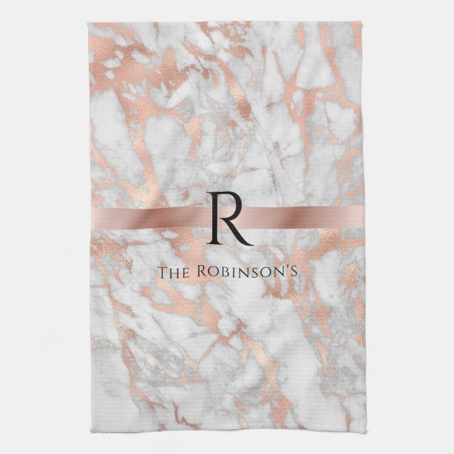 Black Monogram & Name, White & Rose Gold Marble Kitchen Towel (Vertical)