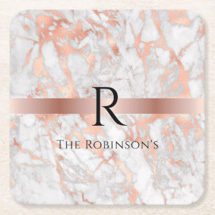 Black Monogram & Name, White & Rose Gold Marble Square Paper Coaster
