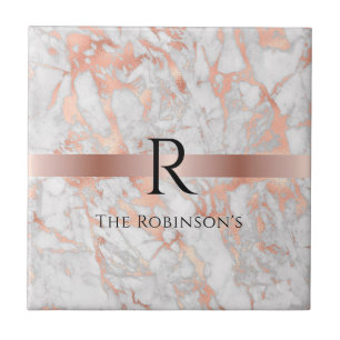 Black Monogram & Name, White & Rose Gold Marble Tile