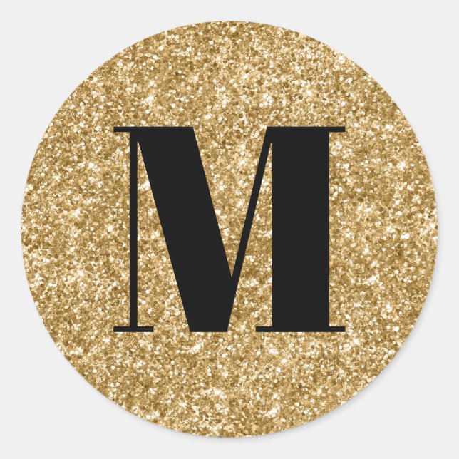 Black Monogram on Faux Gold Glitter Classic Round Sticker (Front)