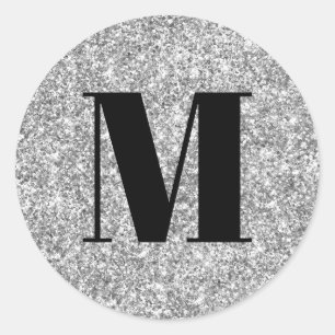 Black Monogram on Faux Silver Glitter Classic Round Sticker