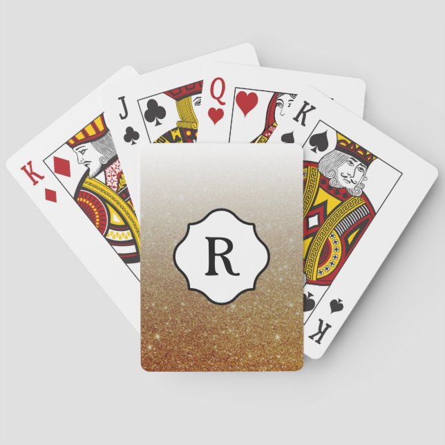 Black Monogram on Orange Gold Glitter Ombre Playing Cards (Back)