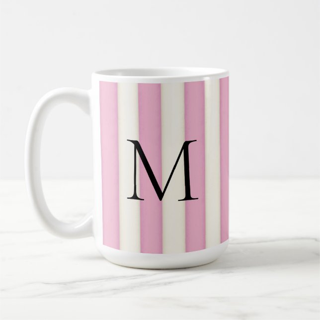 Black Monogram on Pink & Antique White Stripes Coffee Mug (Left)