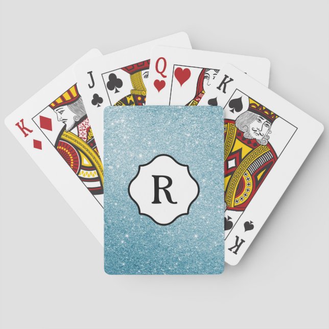 Black Monogram on Sparkling Aqua Glitter Playing Cards (Back)