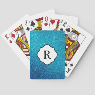 Black Monogram on Sparkling Dark Teal Glitter Playing Cards