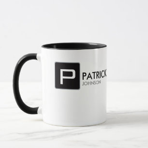 black monogram on white personalized mug